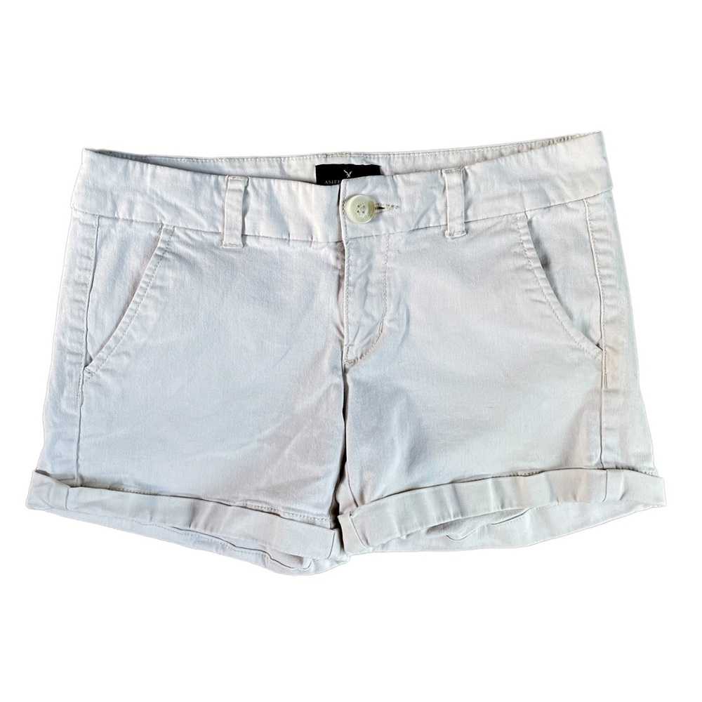 Women’s AMERICAN EAGLE Flat Front Cuffed “Midi” Cream Stretch Shorts Size 2